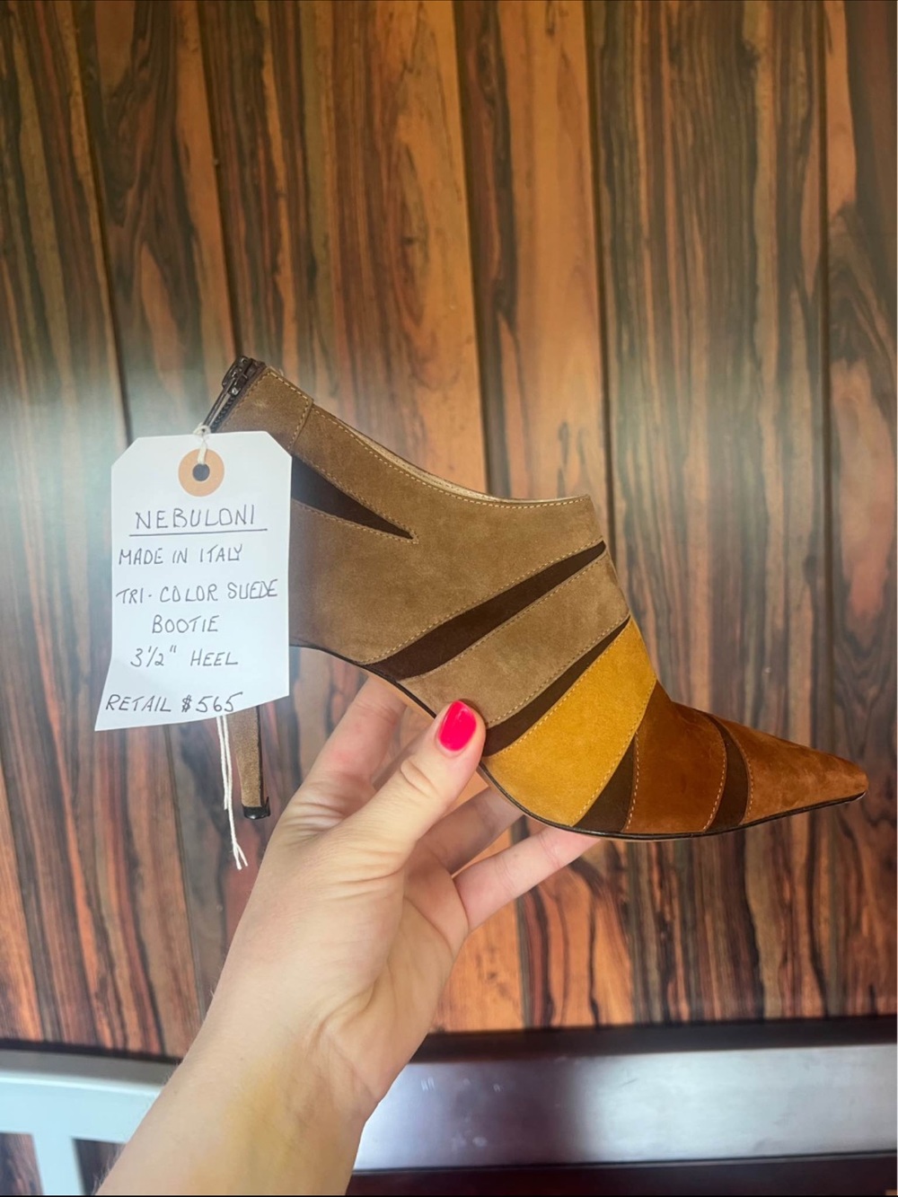Nebuloni Made in Italy Tri-Colour Suede Pointed Bootie (Size 6, EU 37)